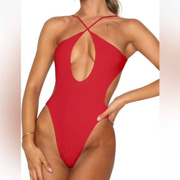 Red One Piece SZ S Swimsuit Sexy Strappy Crossover Top Cut Out High Cut Cheeky - Picture 3 of 9